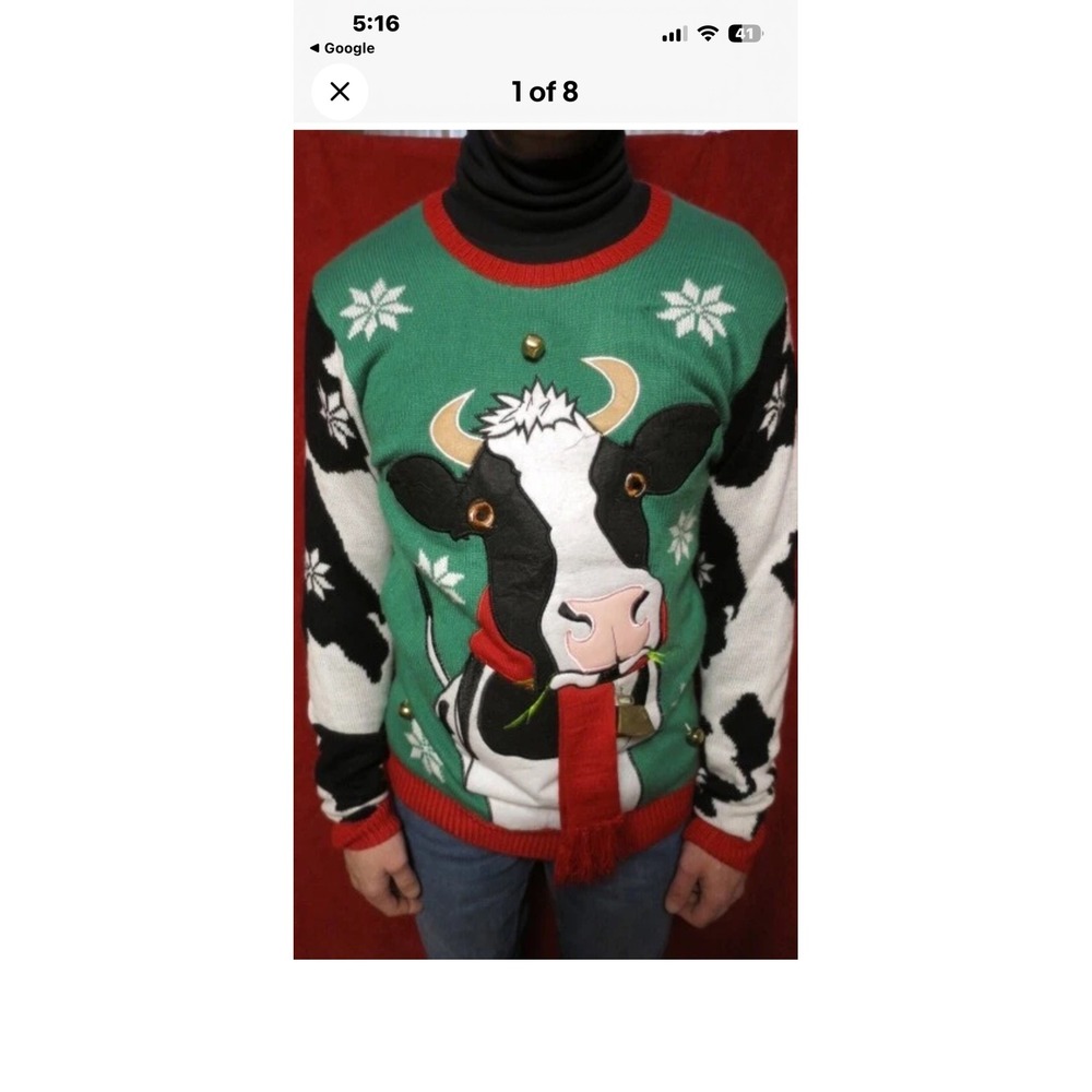 Jolly Sweaters More Cowbell SNL Ugly Christmas Sweater Green Cow Print‎ Mens 2XL
